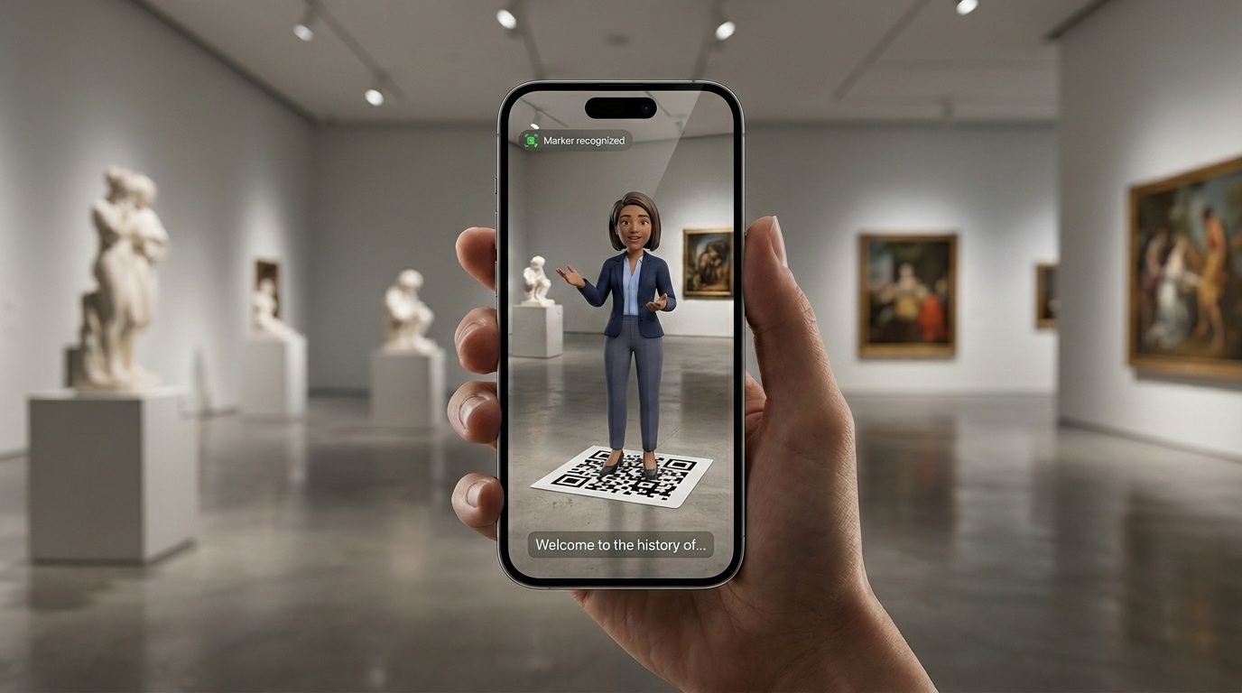 Avatar-Guide erklärt ein Museums-Exponat in AR auf dem Smartphone
