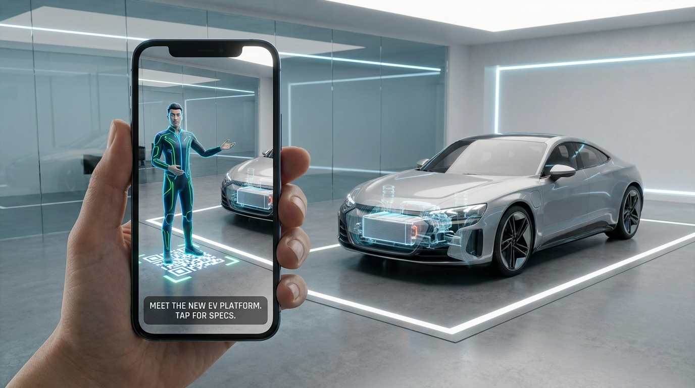 AR-Avatar neben einem Fahrzeug im Showroom