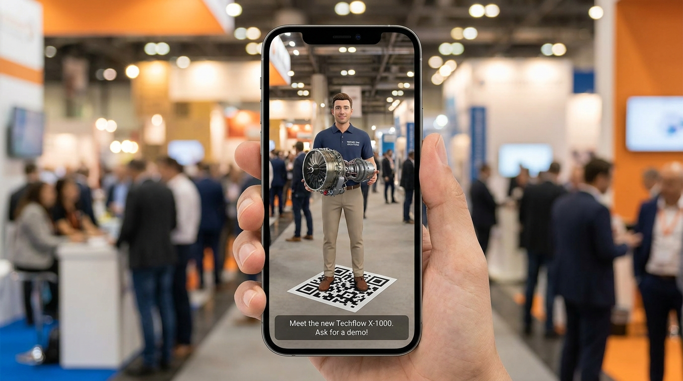 Avatar präsentiert ein Produkt im Store in AR auf dem Smartphone